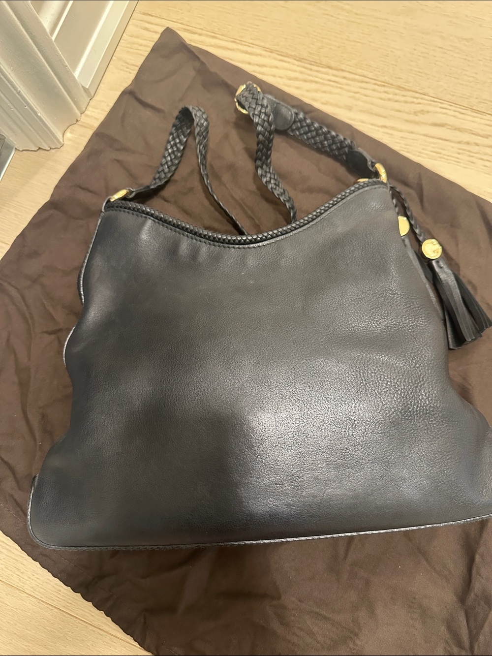 Gucci Black Leather Shoulder Hobo with adjustable Braided Strap and Tassel